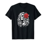 Skeleton Women Rose Red Flower Gothic T-Shirt