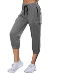 Wayleb Pantalon de Sport Femme 3/4 Taille Haute Pantalon de Jogging Femme Coton Pantacourt Femme Bas de Jogging Capri Respirant Pants de Survêtement Court pour Fitness Course Gym Gris foncé,L