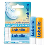 LABELLO Lot de 2 stick lèvres (2 x 5,5 ml), Sun Protect FPS 30 & Hydro Care FPS 15, 2 stick à lèvres protection UVA/UVB & hydratation 24 h, baume à lèvres enrichis en vitamines C & E