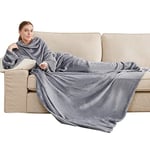 Bedsure Plaid à Manche Femme - Plaid Couverture avec Manches Polaire Homme Adulte Couverture Manche avec Poches Portables, Plaid Canape Manche TV Hiver, 150x200 cm Gris