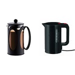 Bodum - 10685-01 - Kenya - Cafetière à Piston 8 Tasses - 1.0 L - Noir + Bouilloire électrique Noire 1L