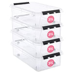 SmartStore 31L Lot de 4 Boîtes de rangement sous le lit en plastique transparent avec couvercles, renforcées, garantie de 10 ans, empilables et emboîtables, sans BPA 72 x 40 x 19cm