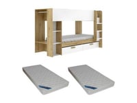 Lits superposés 2 x 90 x 200 cm avec rangements et penderie - Blanc et naturel + Matelas - OZANA