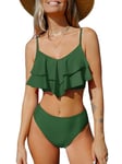 CUPSHE Women's Bikini Sets High Waisted Swimsuit Tiered Ruffled Two Piece Swimwear Swimming Costume Green XL