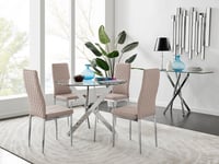 Novara Clear Tempered Glass 100cm Round Dining Table with Chrome Starburst Legs & 4 Milan Faux Leather Chairs