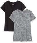 Amazon Essentials T-shirt Tech Extensible à Manches Courtes et Col en V (Disponible en Grande Taille) Femme, Lot de 2, Gris Foncé Teinture Spatiale/Noir, S