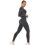 Xinyuan Women's Stretch Fit Yoga Suit Tracksuit Lounge Wear, Long Sleeve Crop Tops + High Waist Leggings 2 Pcs Set, Gym Running Outfit Dark Gray-L