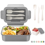 LUZOON Lunch Box, Bento Box Boîte à Déjeuner en Plastique pour Enfant Adulte, 1400ml Boite Bento Boîte à Repas avec Trois Compartiments et des Couverts, sans BPA, pour Micro-Ondes (Gris+Sauce Box)