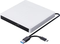 Lecteur Cd Dvd Externe, Graveur Cd Externe Avec Usb3.0 Type-C, Ultra-Mince Cd/Vcd /-Rw/Rom Portable Lecteur Cd Externe Pour Pc, Desktops, Laptop, Mac, Macbook, Windows11/10/8/7/Xp/Vista/Macos, Blanc