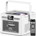 Greadio Portable CD Player for Home, Rechargeable Boombox Cassette Player, FM Radio CD Player with Bluetooth, 5000mAh Battery, Remote Control, USB, AUX, TF/SD Card, 5W Dual Stereo Speaker (White)