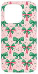 iPhone 15 Pro Green Bows On Pink Preppy Christmas Festive Pattern Case