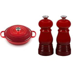 Le Creuset Signature Enamelled Cast Iron Shallow Casserole Dish With Lid + Le Creuset Classic Salt & Pepper Mill Set, Personal Use, Chip-resistant ABS Plastic, Anti-Corrosion, 11 cm, Cerise