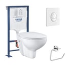 Pack WC suspendu sans bride GROHE Bau ceramic + Bâti support Solido + abattant + plaque ovale blanc alpin  + dérouleur