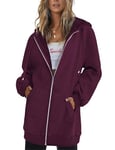 Zeagoo Femme Sweat à Capuche Zippé Décontracté Ample Veste à Capuche Long Uni Polaire Veste Automne Hiver Manches Longues Manteau avec Fermeture Éclair Vin Rouge L