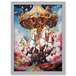 Magical Carousel in Rainbow Clouds Bright Bold Vibrant Fantasy Kids Bedroom Baby Nursery Artwork Framed Wall Art Print A4