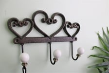 Rustic Cast Iron Wall Hooks 3 Scrolled Hearts Coat Towel Gown Storage Hangers