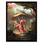 Artery8 Geisha Performing in Tranquil Garden Painting Graceful Traditional Dance Floral Japanese Kimono Spring Bloom Flower Landscape Artwork Framed Wall Art Print 18X24 Inch