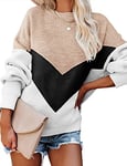 heekpek Jumpers for Women Casual Color Block Long Sleeve Tops Crewneck Sweater Knitted Jumper Loose Pullover Sweater Ladies Pullover Jumper Oversized, Beige, Size XL