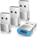 TiMOVO USB to USB C Adapter with LED Light, 4 Pack Type C Female to USB Male Adapter Charger, USB A to C Converter for iPhone 15/16 Pro Max Plus, AirPods, iWatch, iPad, Galaxy, CarPlay, Silver