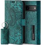 SURAZO Étui de Protection de qualité supérieure en Cuir véritable pour Google Pixel 7A 5G - Pliable - avec Aimant - Compartiment pour Cartes - Protection RFID - Motif Floral - Turquoise