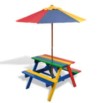 vidaXL Picknickbord med bänkar och parasoll för barn flerfärgad trä 40773