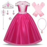 New front Fille La Belle au Bois Dormant Robe de Princesse Aurore Accessoires Baguette Couronne Bague Collier Déguisement Tulle Maxi Noël Carnaval Halloween Cosplay Robe de Soirée, Rose, 150