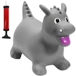 Happy Hopperz Inflatable Bouncy Animal with Grippable Ears/Horns, Easy to Clean Space Hopper for Indoor and Outdoor Play, Bouncing Toy, Pump Included, 12 Months-5 Years, Grey Dragon