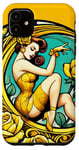 Coque pour iPhone 11 Rose jaune Pinup Girl Illustration Roses Jardin Art