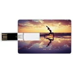 4G USB Flash Drives Credit Card Shape Yoga Memory Stick Bank Card Style Woman Practicing Yoga on Beach Sunset Dramatic Sky Water Reflection Image,Yellow Blue Dark Brown Waterproof Pen Thumb Lovely Ju