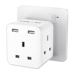 LENCENT Multi Plug Extension with 2 USB, 3 Way 3 Plugs Socket adapter, 5-in-1 Cube Electrical Extender Socket Adaptor, USB Wall Charger, 3 Pin Plug Expander for Home, Office, Kitchen, 13A 3250W