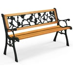 Costway - Banc de Jardin, Banc Extérieur en Bois, Banquette Jardin 3 Personnes avec Accoudoirs, Cadre en Métal Moulé, Motif de Fleur, Dossier en