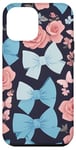 Coque pour iPhone 14 Pro Max Nœuds bleu clair avec rose et papillon