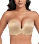 DotVol Soutien-Gorge pour Femmes sans Bretelles Push Up Dos Nu rembourré Deep V Convertible Grande Taille Confort Quotidien décontracté Fleurs Beige 95E