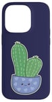 Coque pour iPhone 14 Pro Cactus Kawaii en pot pour les amateurs de plantes succulentes bleu nuit