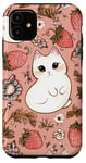 Coque pour iPhone 11 Marron Pop Art Paisley Mignon Rose Fraise Chat Imprimé