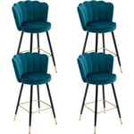 Lot de 4 Tabouret de Bar en Velours Chaise de Bar Velours avec Pieds en Métal Tabourets Hauts pour îlot de Cuisine et Bar, Bleu Sarcelle