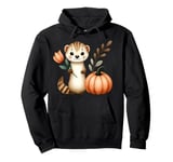 Cute Forest Animal Holding Flower and Pumpkin Illustration Pullover Hoodie