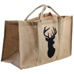 SAC À BÛCHE BOIS JUTE NATUREL MOTIF CERF NOIR 60 x 30 x 40 cm