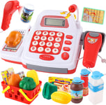 39PCS Pretend Play Toy Till Cash Register for Kids, Toy Shop Supermarket with Sc