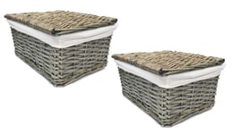 SET OF 2 Lidded Wicker Storage Basket With Lining Xmas Hamper Basket White Large 40 X 30 X 20 cm