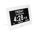 ALLOMN Grande horloge numérique avec calendrier et date de 17,8 cm avec jour et date pour les personnes âgées, avec 12 options d'alarme pour personnes âgées, malvoyantes, perte de mémoire (blanc)