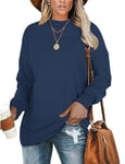 WNEEDU Sweatshirts Femme Pull Hiver Col Rond Femmes Haut Manche Longue T-Shirts Sweat Oversized sans Capuche Automne Printemps Bleu Marine M