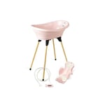 THERMOBABY - Pack Baignoire Bébé VASCO 5 En 1 - Baignoire, Pied En Bois, Tuyau De Vidange, Transat De Bain, Thermomètre - Rose Poudré - Pliable & Stable - Fabriqué En France