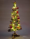 SHATCHI Prelit Battery Operated Christmas Home Hanging Wooden Twigs Base Decorated Baubles,Berries, Foliage,Pine Cones, Micro Rice LED Lights, Wood, Red Stars, Tree-50cm