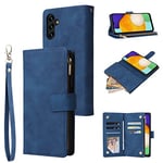 QLTYPRI Case for Samsung Galaxy A15 4G/5G, Large Capacity Leather Wallet Case 6 Card Holder & 1 Zipper Pocket Kickstand Wrist Strap Magnetic Protective Cover for Galaxy A15 5G / A15 4G - Blue