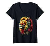 Womens Lion With Headphones V-Neck T-Shirt