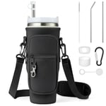 Enbagold Water Bottle Carrier Bag for Stanley Cup 40oz, Water Bottle Holder with Strap & Phone Pocket, Reusable Straw & Straw Brush & Straw Cover & Leak Proof Accessories and Carabiner Clip (Black)