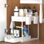 Rangement sous Evier 2 Niveaux, Coulissant Organiseur sous Évier Etagere Tiroir,Panier de rangement multifonction pour salle de bain, étagère sous placard, étagère de lave-vaisselle - Blanc