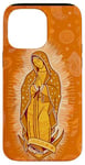 Coque pour iPhone 14 Pro Max Orange Paisley Vierge Marie Guadalupe minimaliste catholique