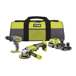 RYOBI - Duo 18V ONE+ : Perceuse percussion 50Nm Mandrin 13mm LED & Meuleuse 115mm 7 500 tr/min - livré avec 1 batterie 4Ah, 1 batterie 2Ah, un chargeur, et un grand sac de transport - RCK182O-242SZL